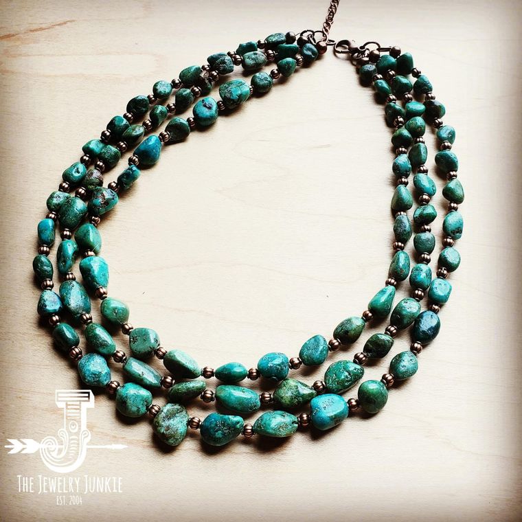Triple Strand Natural Turquoise & Copper Collar Necklace