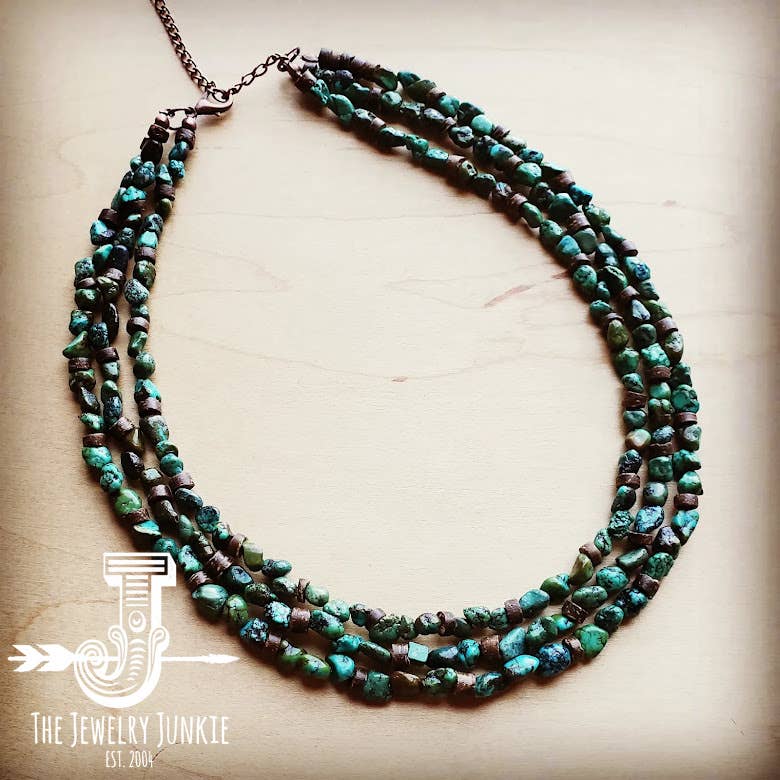 Triple Strand Natural Turquoise & Wood Collar Necklace