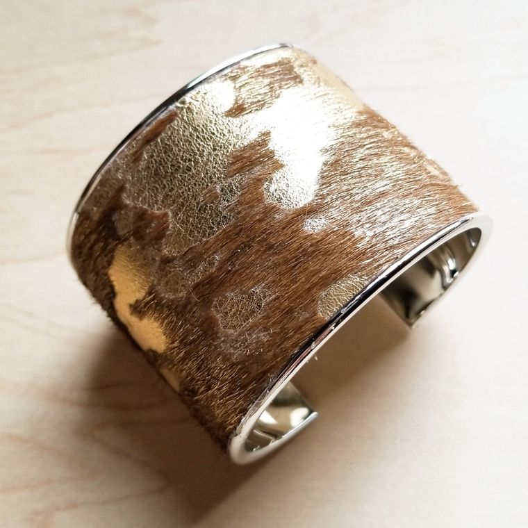Hair-on-Hide Tan and Gold Metallic Leather Cuff Bracelet