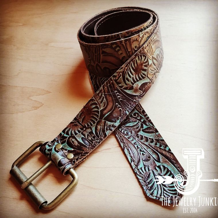 Turquoise Brown Floral Genuine Leather Belt